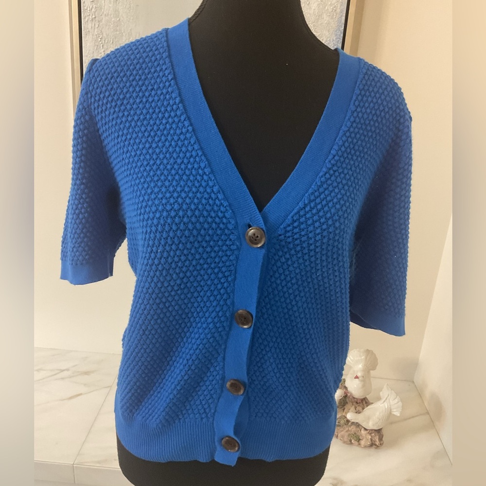 Ann Taylor Factory Vibrant Blue Knit button short sleeve Sweater